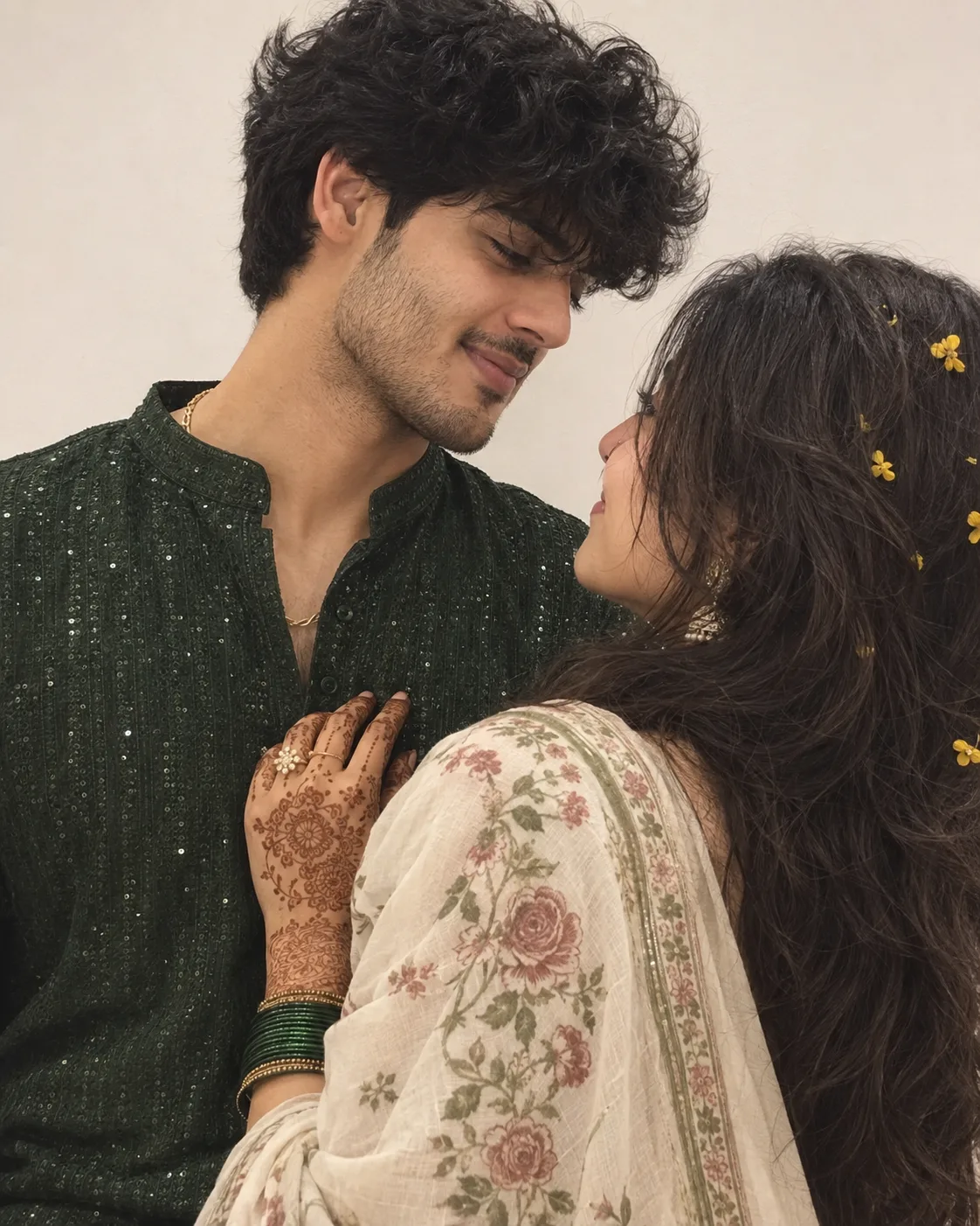 A YOUNG INDIAN COUPLE IN SOFT CANDID EMBRACE AGAINST A PLAIN OFF-WHITE STUDIO BACKDROP.