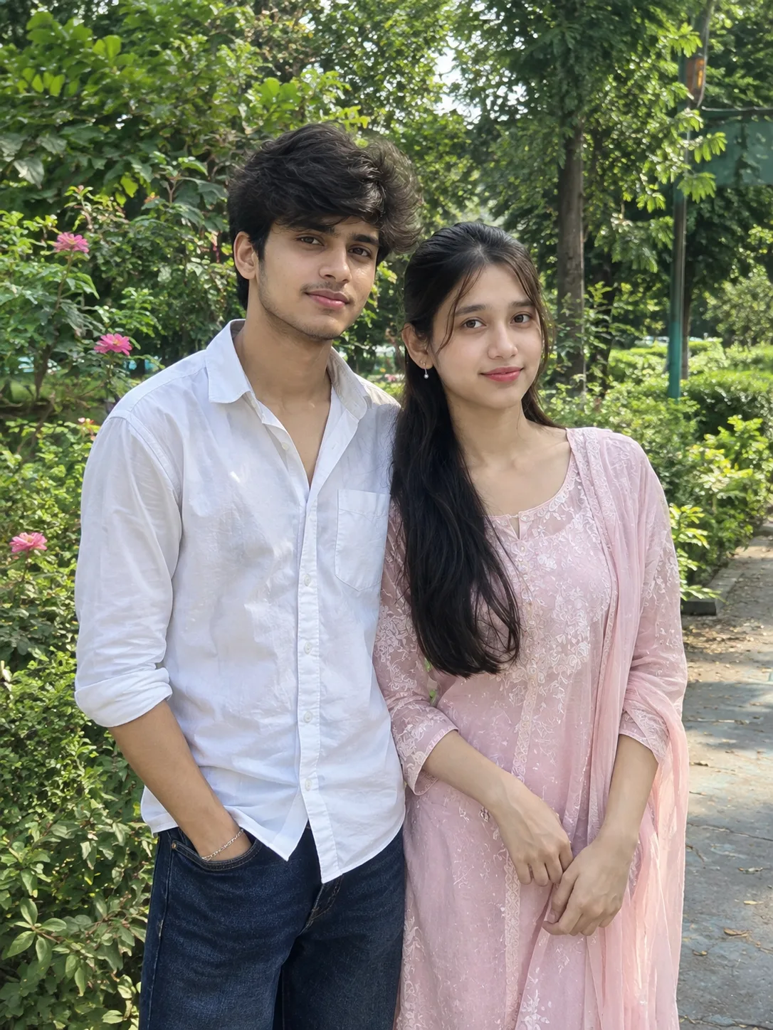 Ultra realistic photograph of a young man and a young woman standing together in a green garden during daytime, shot on a real DSLR camera.