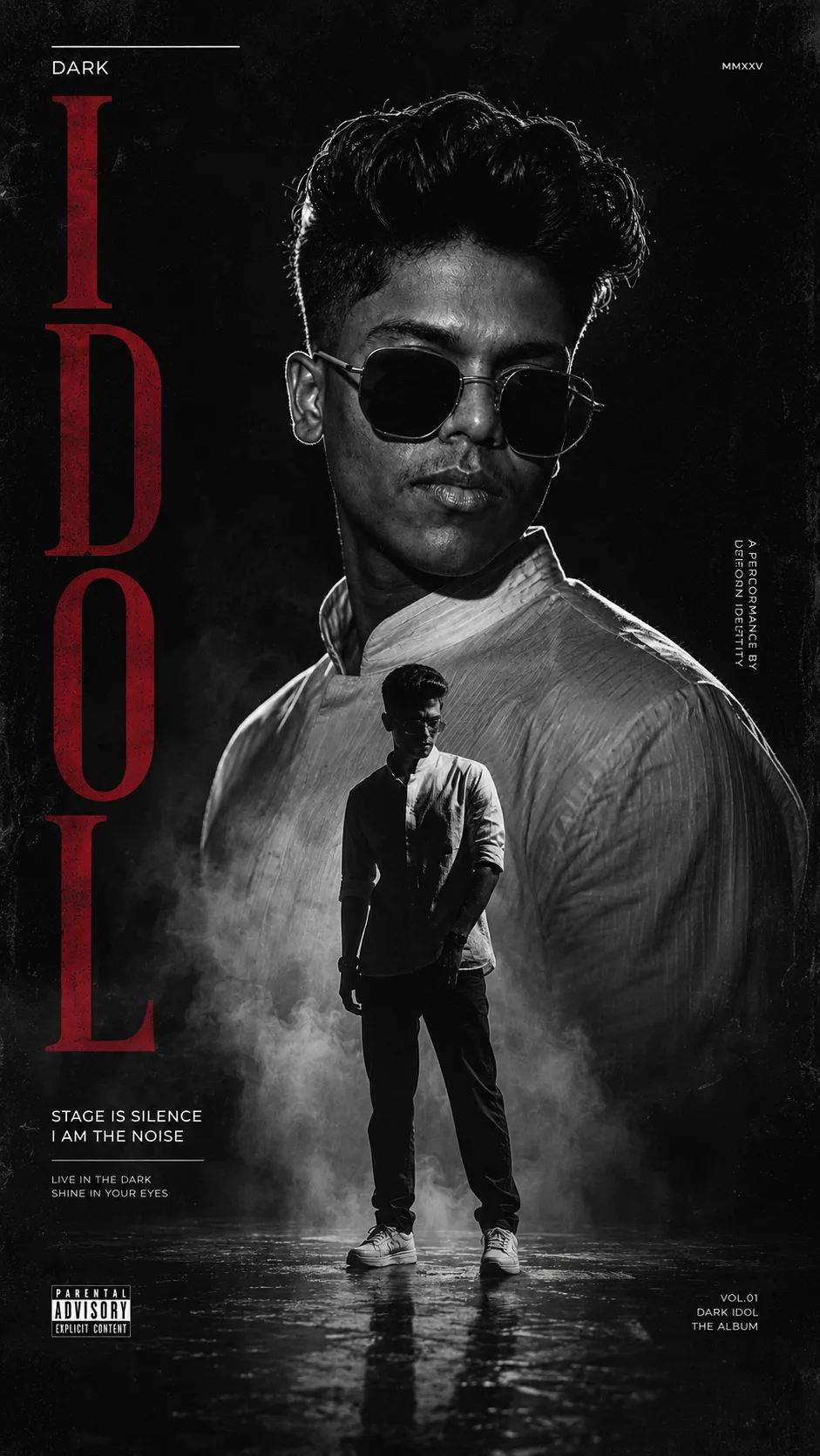 Create a high-end artist editorial poster with a strong fashion magazine, music visual and experimental typography feeling.