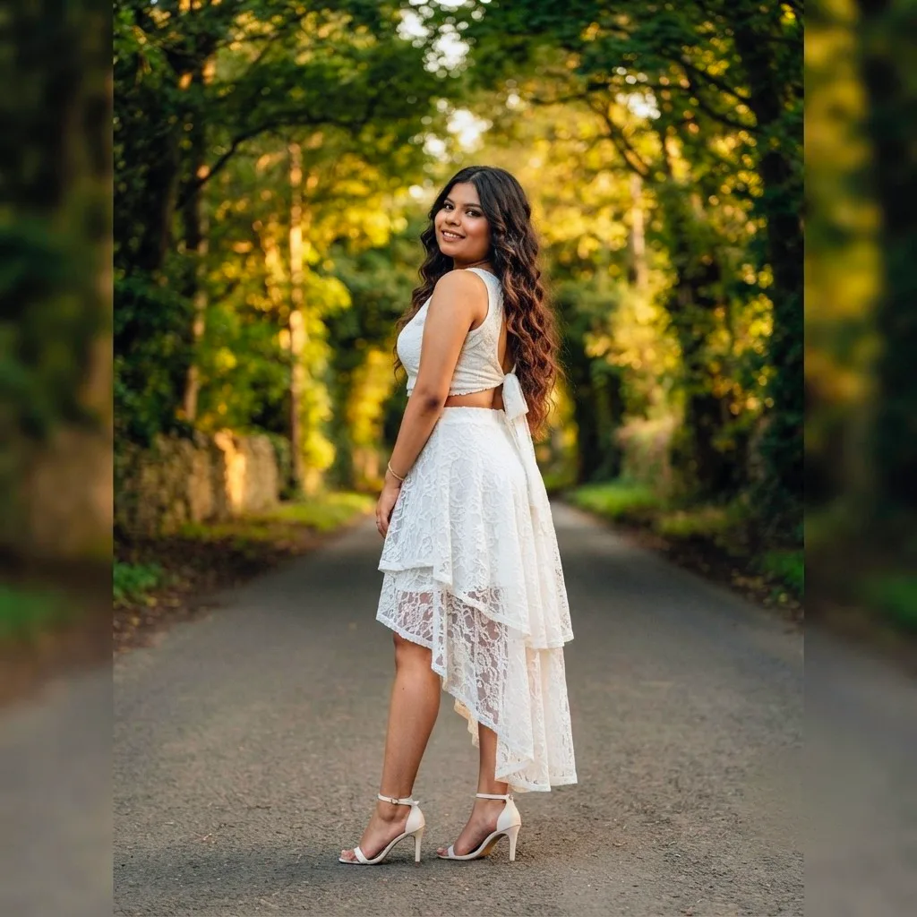 Ultra-realistic cinematic full-body portrait of a young South Asian woman standing on a quiet tree-lined road, turned slightly away from