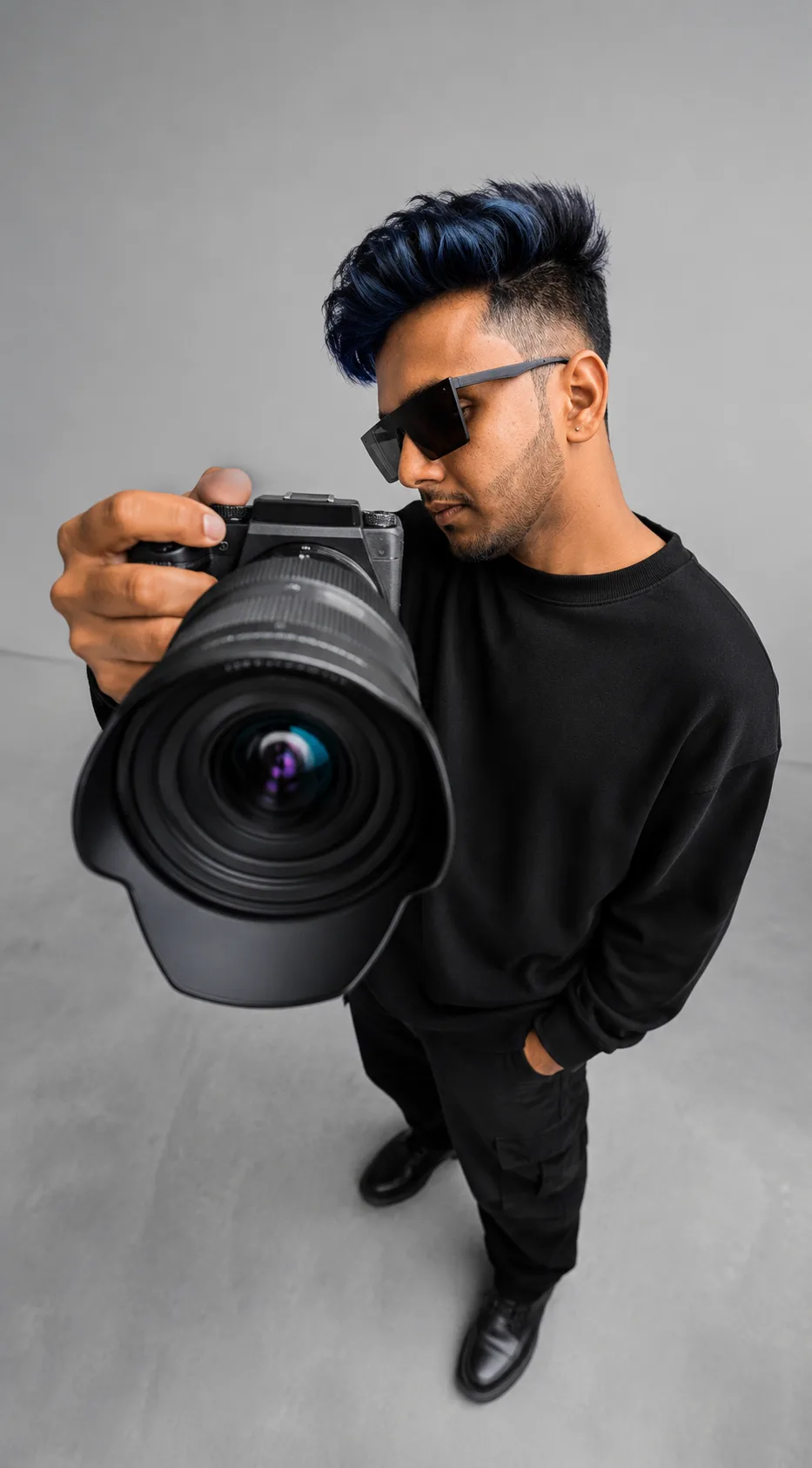 Ultra-realistic cinematic full-body portrait of a stylish young man standing in a minimal light-gray studio environment, photographed from