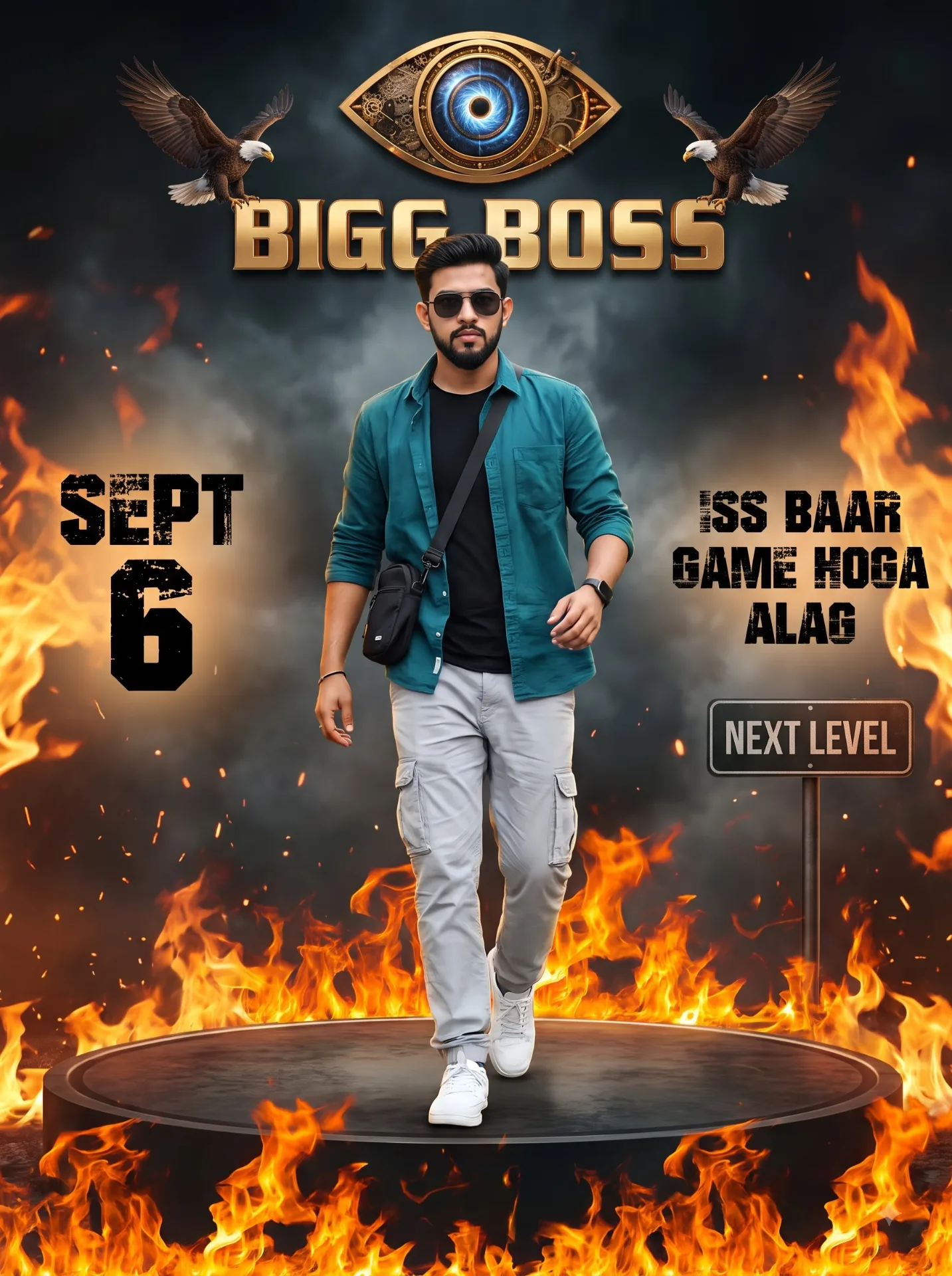 A professional photo of an Indian male model walking on a fiery circular platform.
