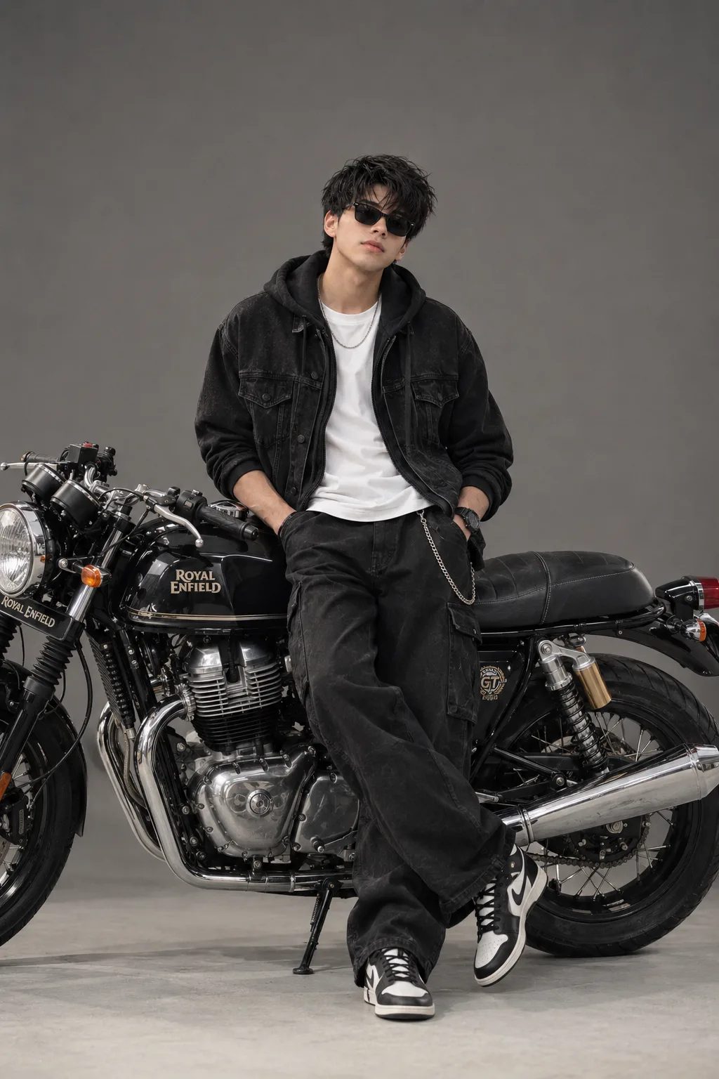 Create an ultra-realistic premium motorcycle fashion photograph using the uploaded reference images for the same person’s facial appearance