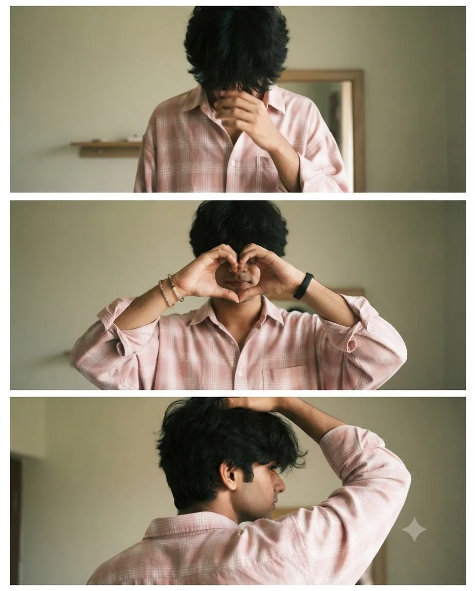 Create an ultra-realistic vertical three-panel photo collage of a young man indoors, wearing an oversized light pink-and-white