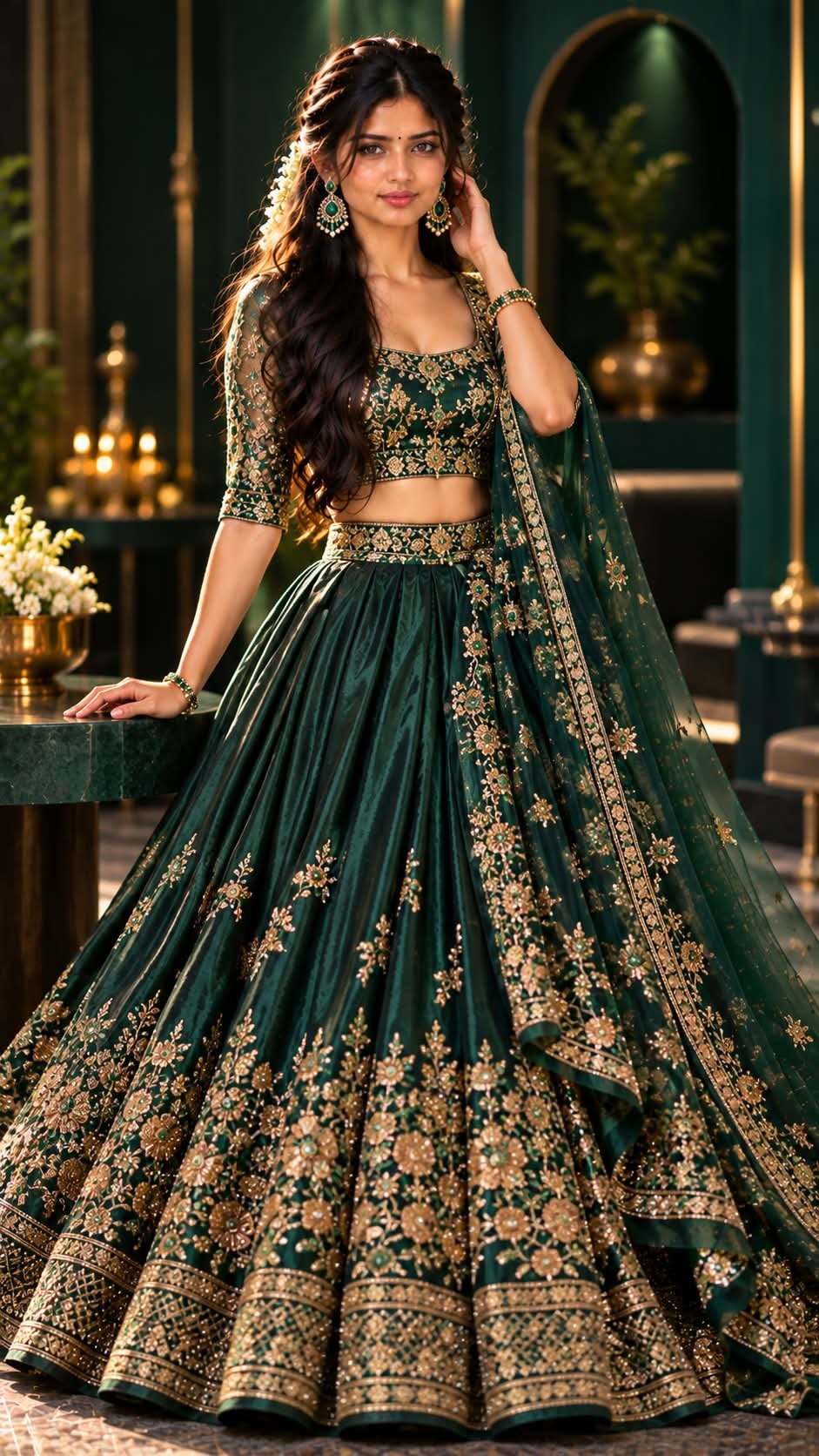 Prompt by @aipromptsgenz Create a dramatic photorealistic South Indian couture portrait using the uploaded reference face exactly and