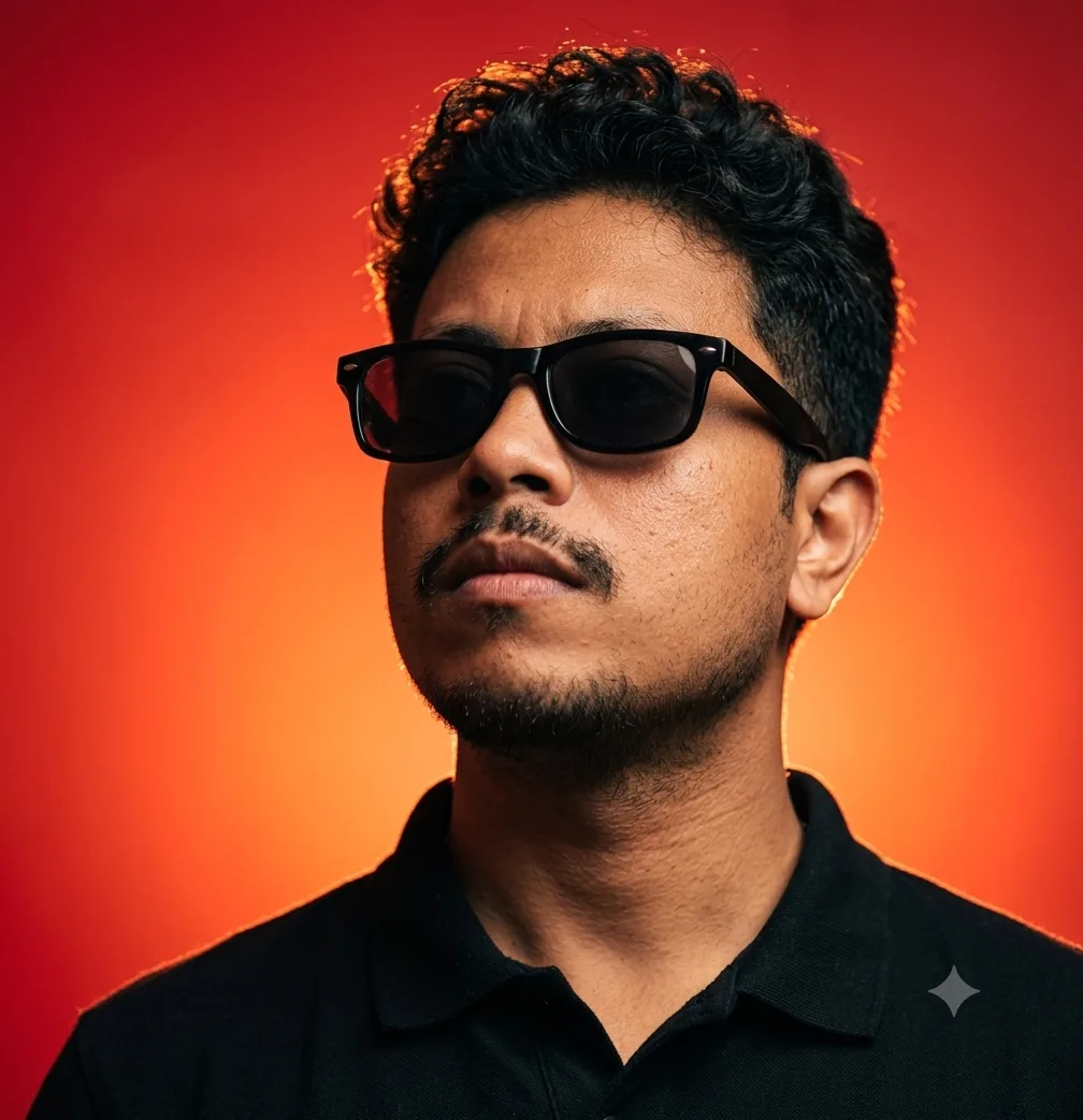 A cinematic, ultra realistic portrait of a stylish young man with curly black hair, wearing black rectangular sunglasses, a trimmed