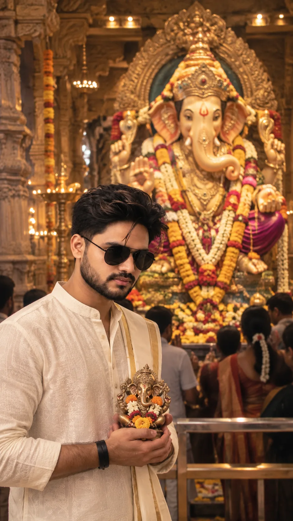 A photorealistic vertical portrait (9:16 aspect ratio) of a person standing slightly to the side of the frame inside a traditional Indian