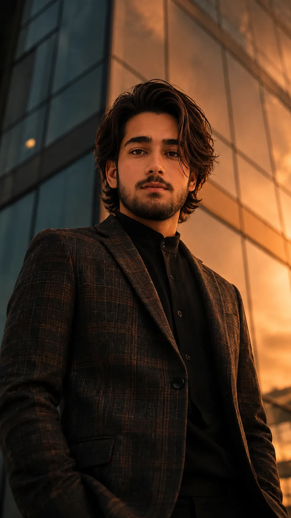 A highly cinematic, photorealistic **low-angle fashion portrait of a handsome young adult man**, captured from the waist upward and viewed