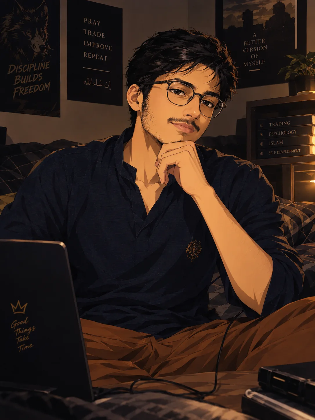 "An anime-style digital illustration of a handsome young South Asian man with wavy black hair and glasses, sitting on a bed in a dimly lit,