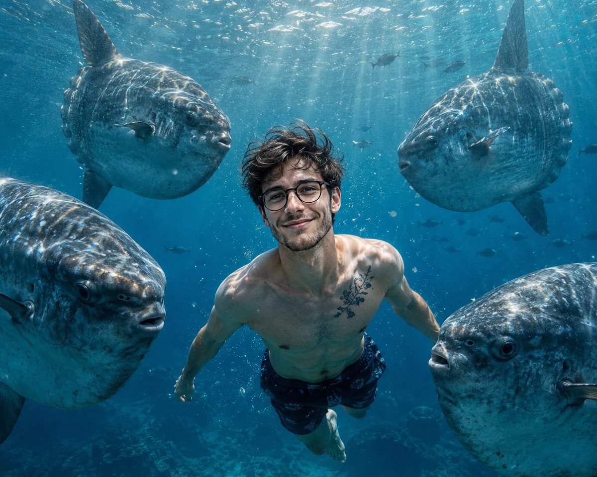 Image created on chatGPT Prompt Ultra-realistic underwater portrait photography of a smiling young man swimming freely in the deep blue