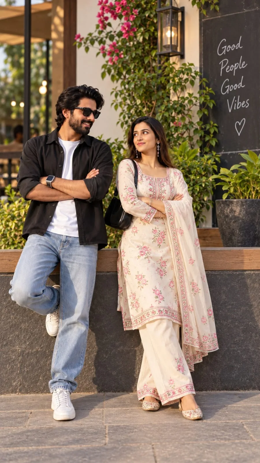 Create a highly realistic full-body candid couple portrait in a beautiful upscale outdoor café setting.