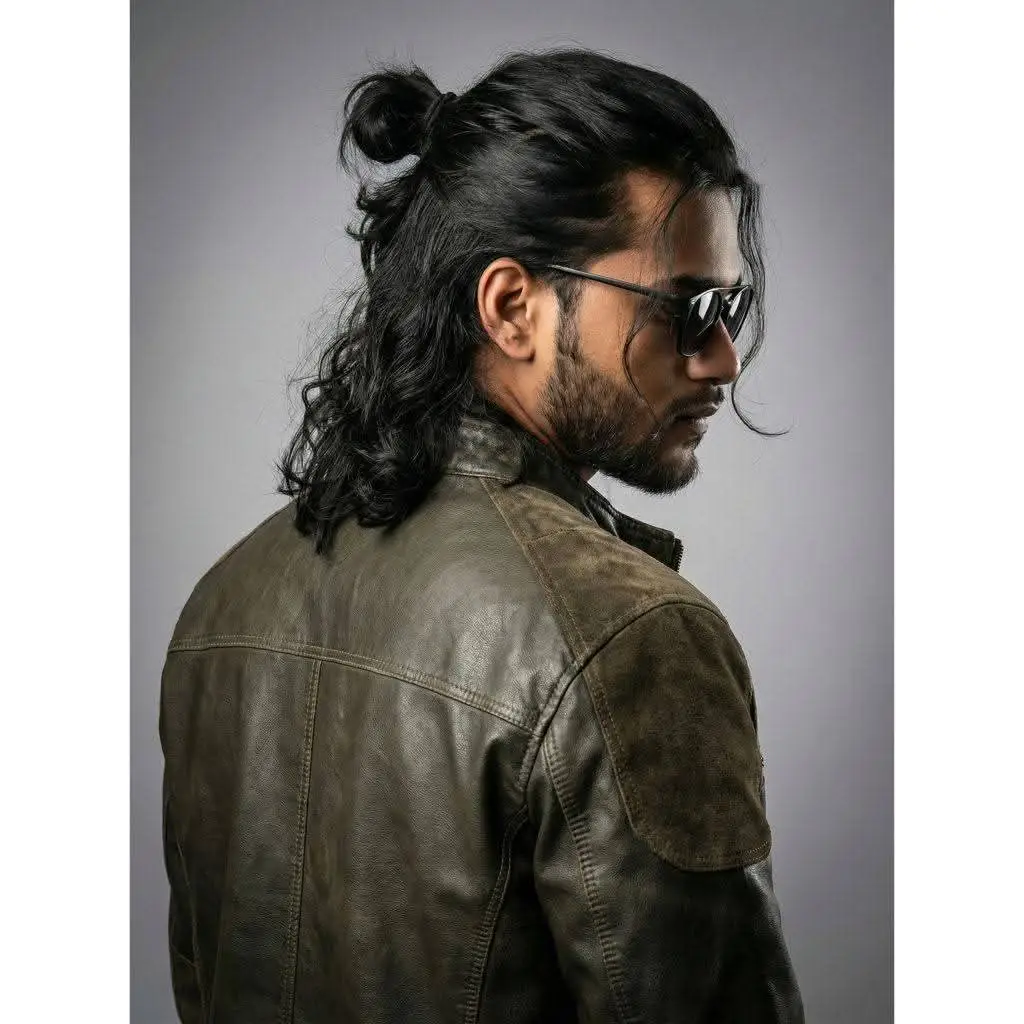A cinematic, photorealistic portrait of a stylish man shown from a three-quarter back angle, turning his head to the right in side profile.
