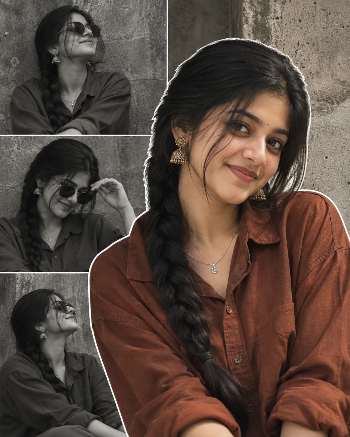 Create 4:5 vertical ultra-realistic cinematic fashion portrait collage of a young South Indian woman, closely matching the reference