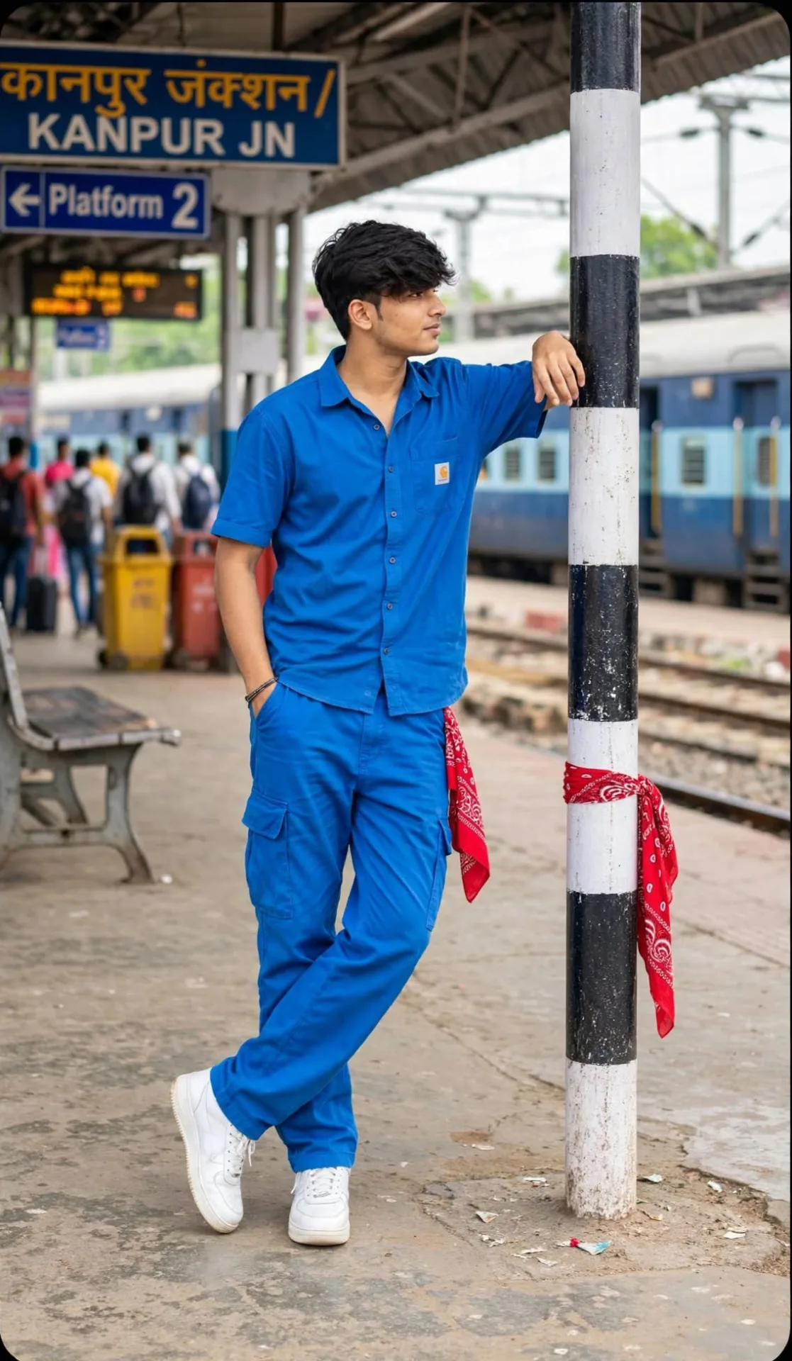 Full-body cinematic outdoor portrait of a young person in stylish blue casual shirt and blue cargo pants with white sneakers, leaning