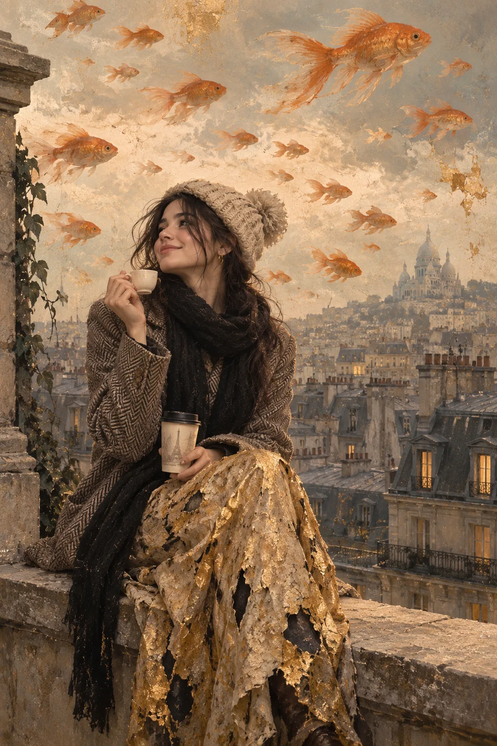 A surreal digital painting of a young woman sitting sideways on a stone ledge/rooftop parapet overlooking a hazy European cityscape
