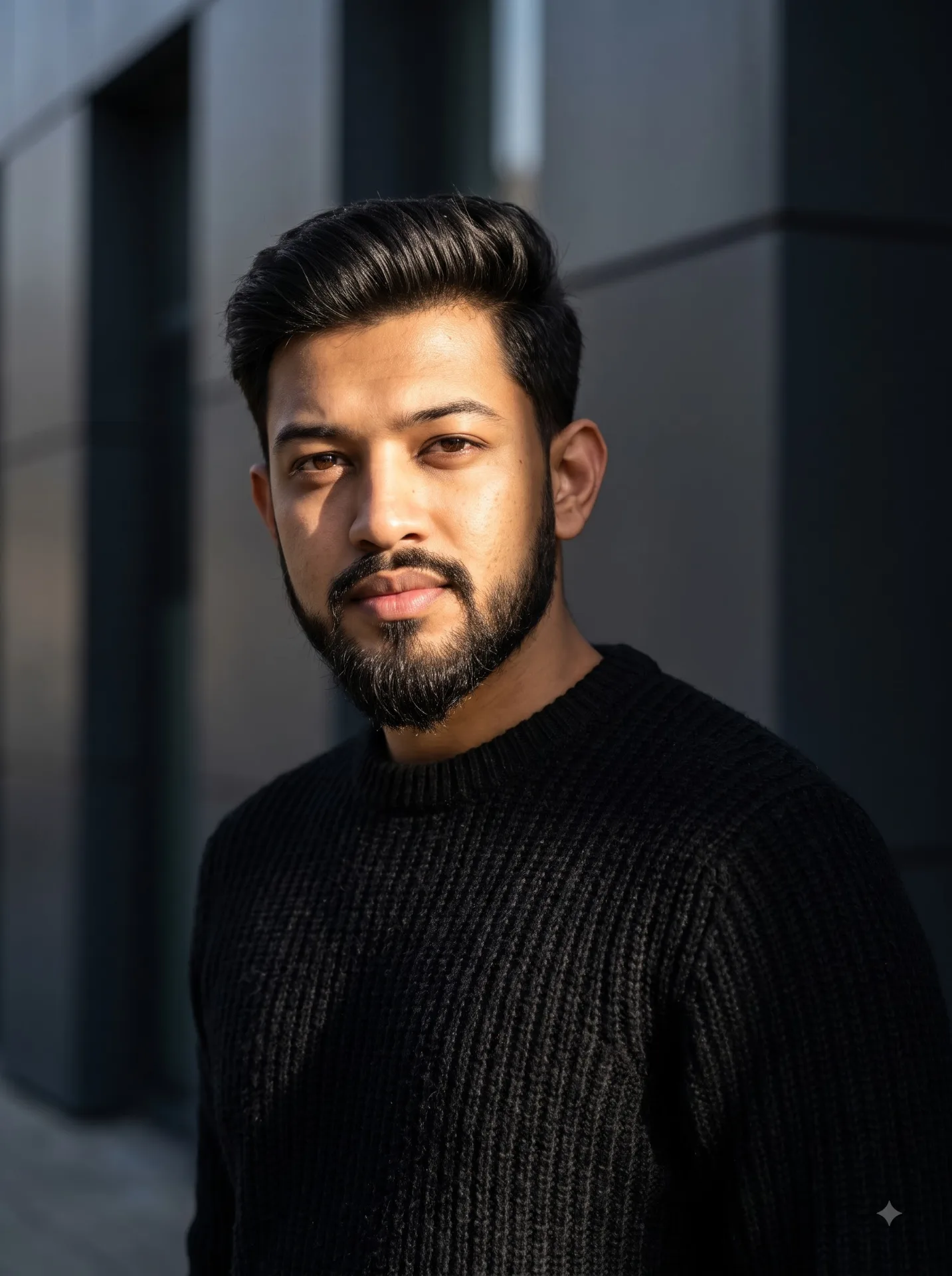 Ultra-realistic cinematic portrait of a stylish young man , sharp beard, , dressed in a textured black winter sweater.Moody dramatic