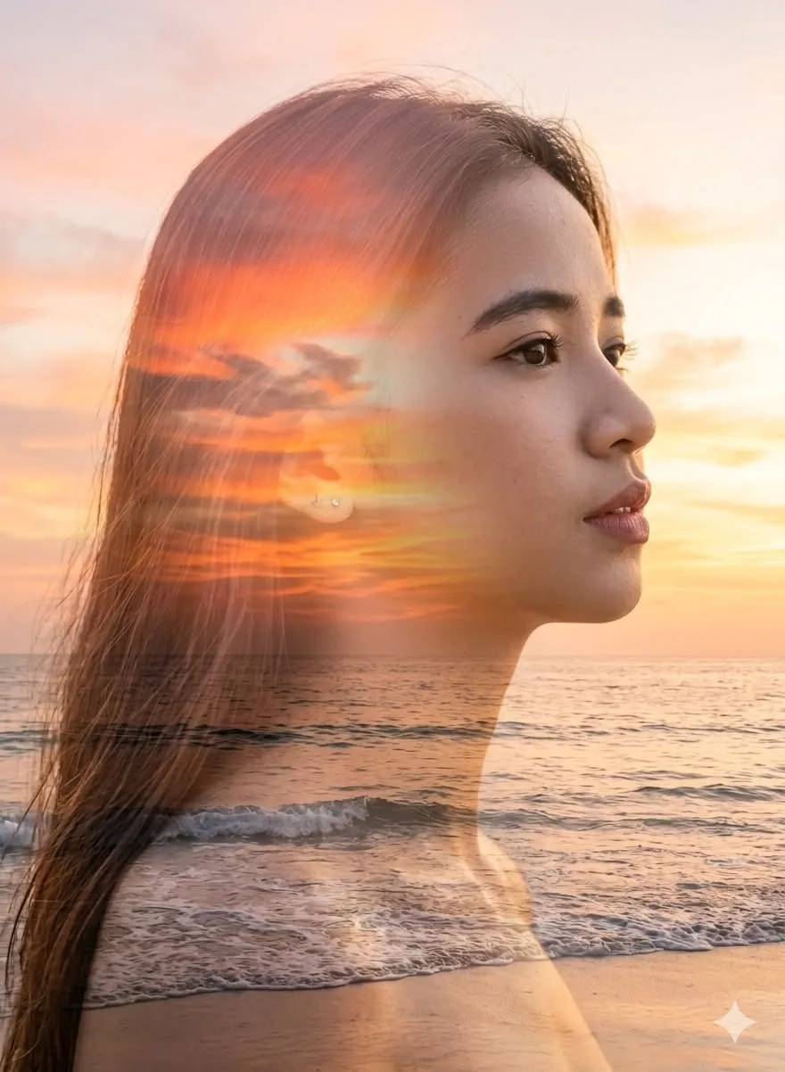 A double exposure photography of a young Asian woman looking sideways, blended seamlessly with a beautiful ocean beach at sunset.