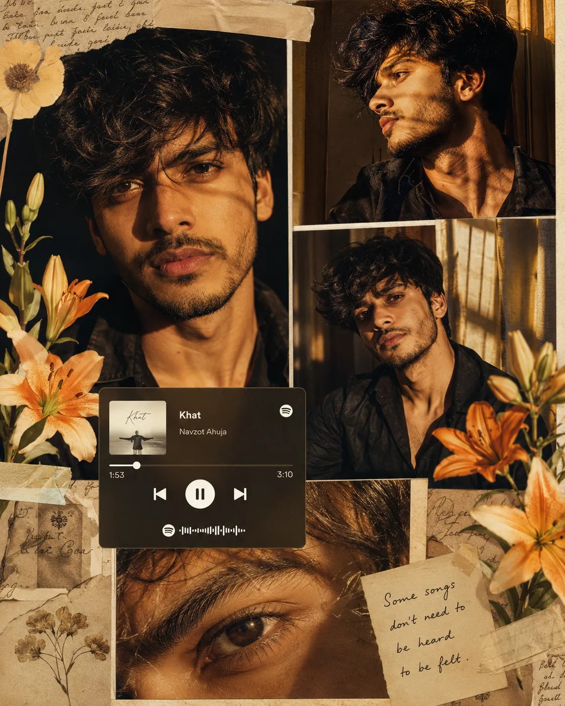 Ultra-realistic cinematic scrapbook collage of a young Indian man with messy hair, light stubble, sharp jawline, and intense expression.