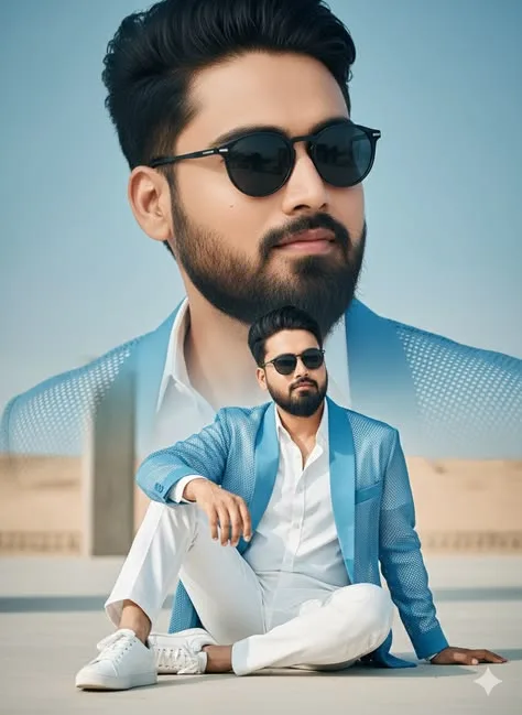 A professional fashion collage of a handsome South Asian man featuring a dual-exposure composition set against a soft desert background and