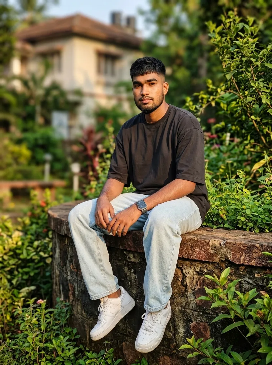 8K ultra-realistic 3:4 portrait of a young man sitting on a rustic stone ledge in a lush garden, maintaining exact facial features from the