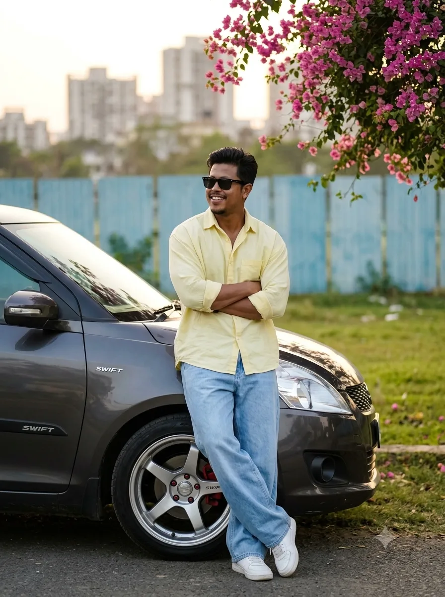 A young Indian man in his mid-20s, with stylish black hair, a light beard, wearing black sunglasses, light pastel yellow loose button-up