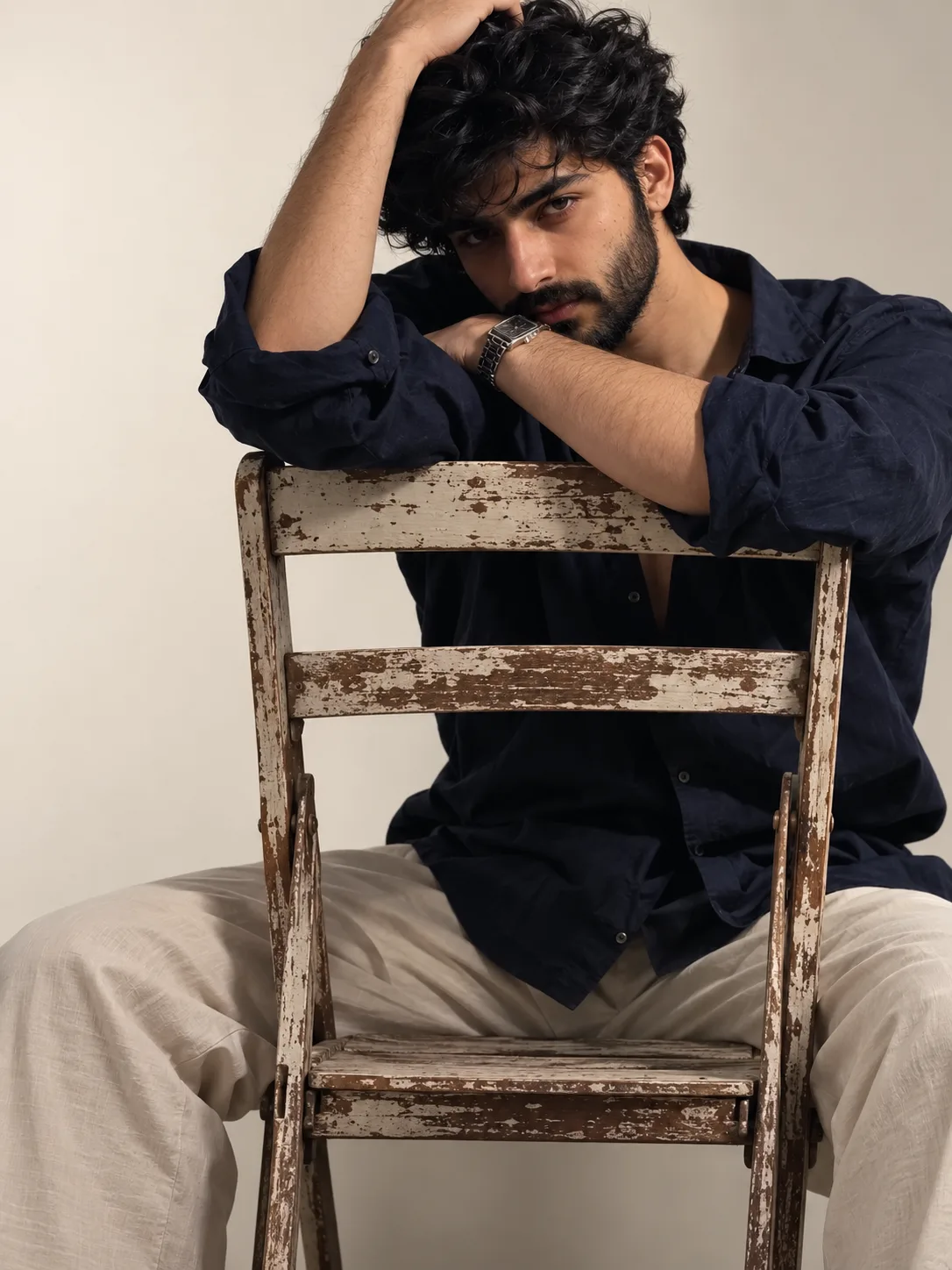 Create a restrained studio fashion portrait with an exact vertical aspect ratio of 736:981 in a full-body vertical crop.