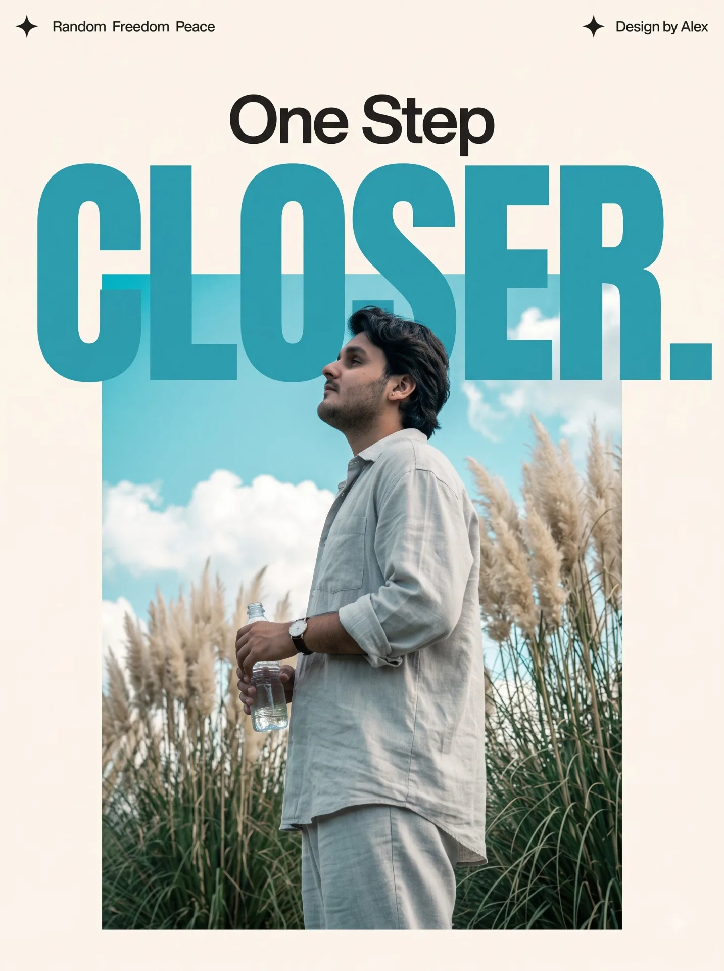 Minimalist retro editorial poster on warm off-white textured background with subtle film grain.