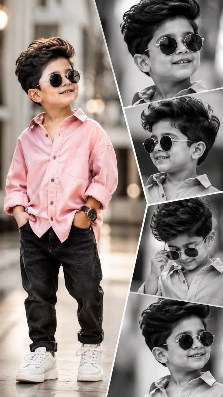 An absolute visual masterpiece, hyper-photorealistic and ultra-detailed multi-pose kids fashion photography collage capturing an adorable