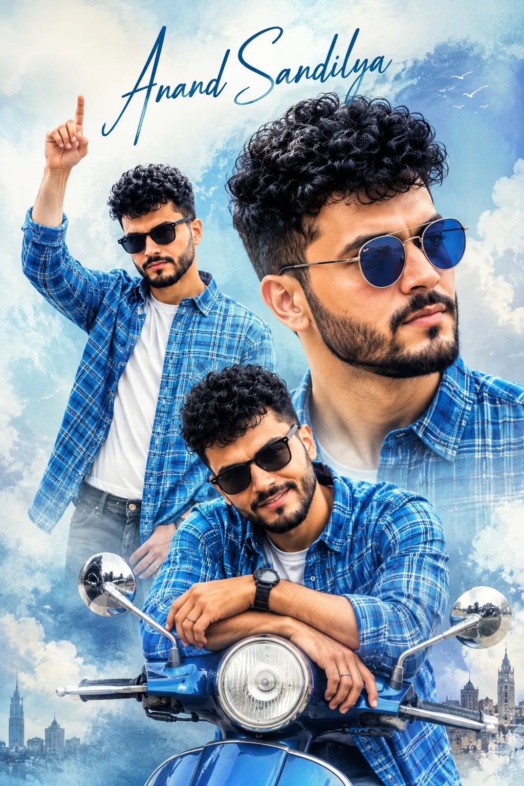 Prompt.. A stylish poster design featuring a young man with trendy voluminous hair and a short beard, wearing a blue checked shirt. The