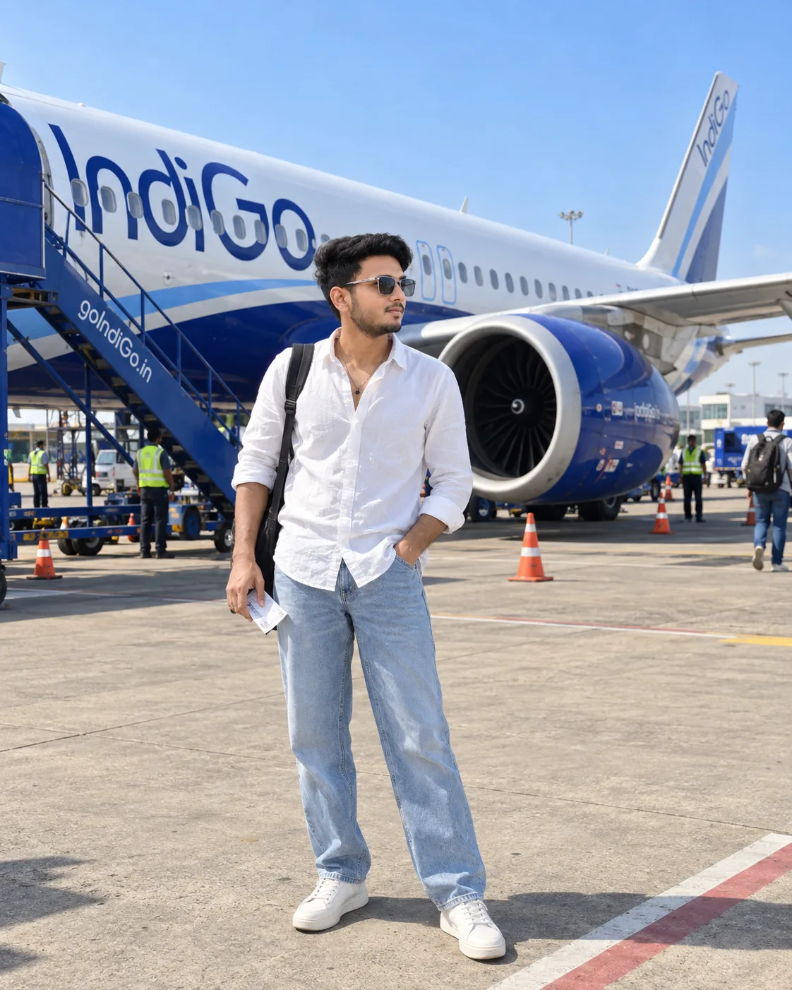 Create a highly realistic, ultra-detailed cinematic travel photograph of a young Indian man casually standing on an airport tarmac beside a