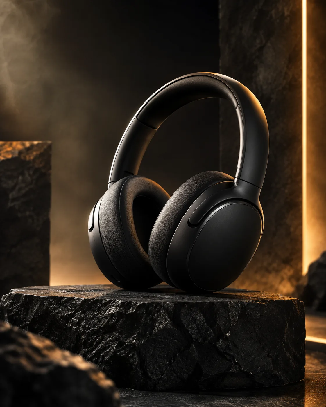 Create an ultra-realistic premium product photograph of sleek matte-black wireless over-ear headphones placed prominently on a rugged dark