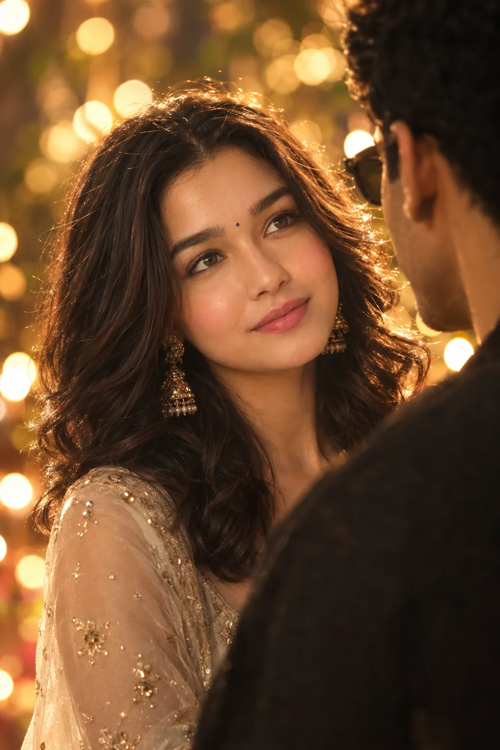 A radiant woman with a gentle, joyful expression leans intimately toward a man, her face illuminated by the soft, ethereal glow of