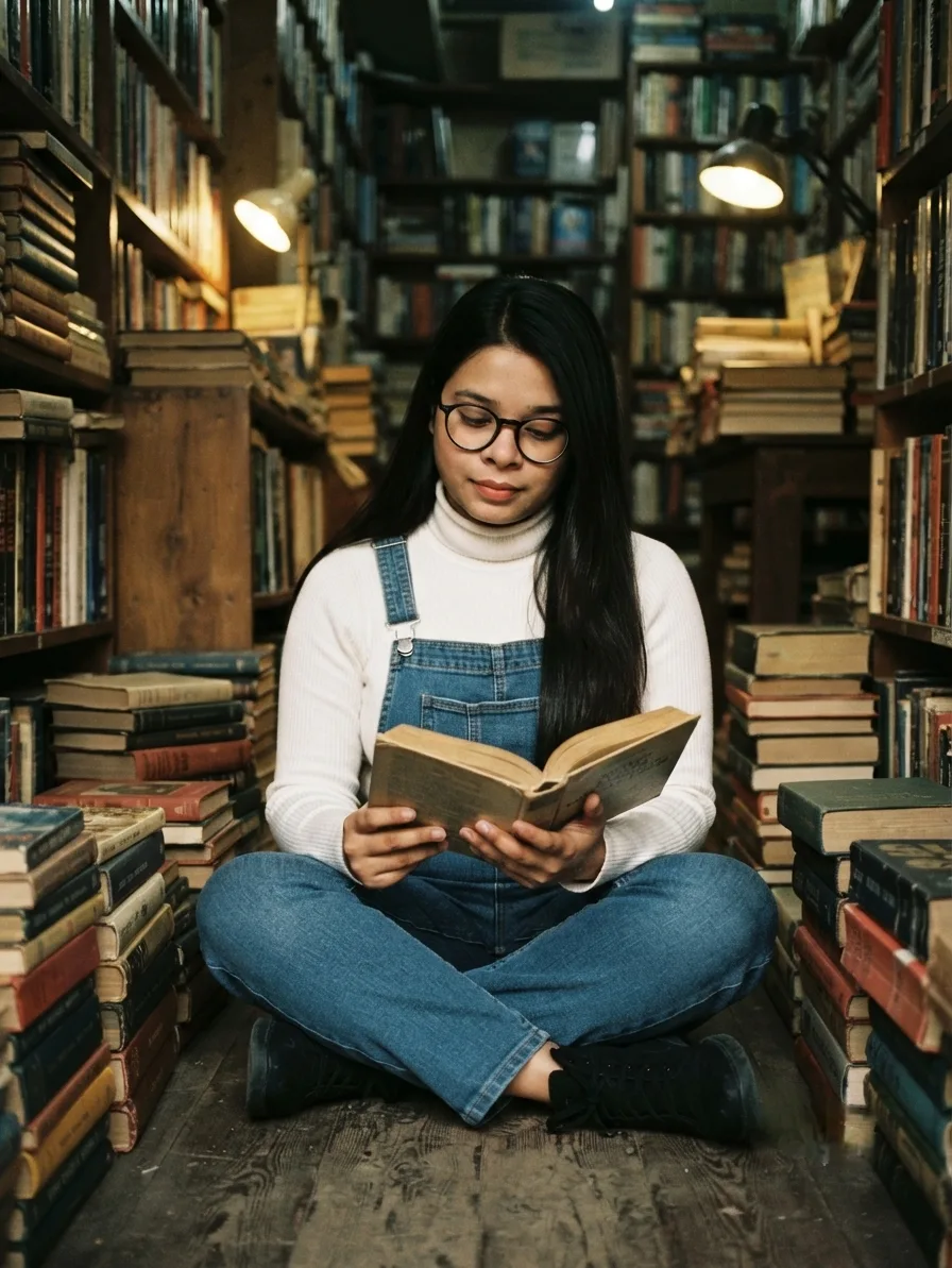Create a realistic vintage portrait of a young woman sitting cross-legged on a bookstore floor, surrounded by stacks of books.