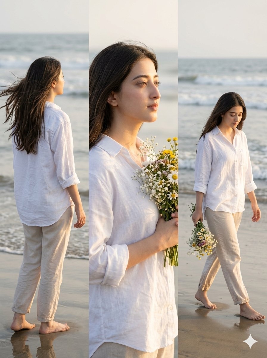 Image using on Gamini nano banana pro Prompt💬 Ultra-realistic cinematic beachside 3-panel collage of the same young woman walking alone on