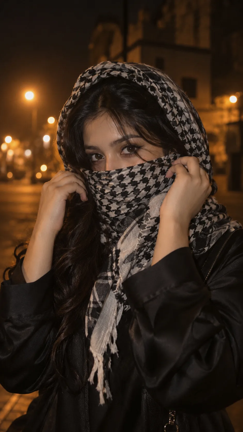 Ultra realistic cinematic night portrait of a young Indian girl wearing a black and white keffiyeh scarf wrapped around head and lower