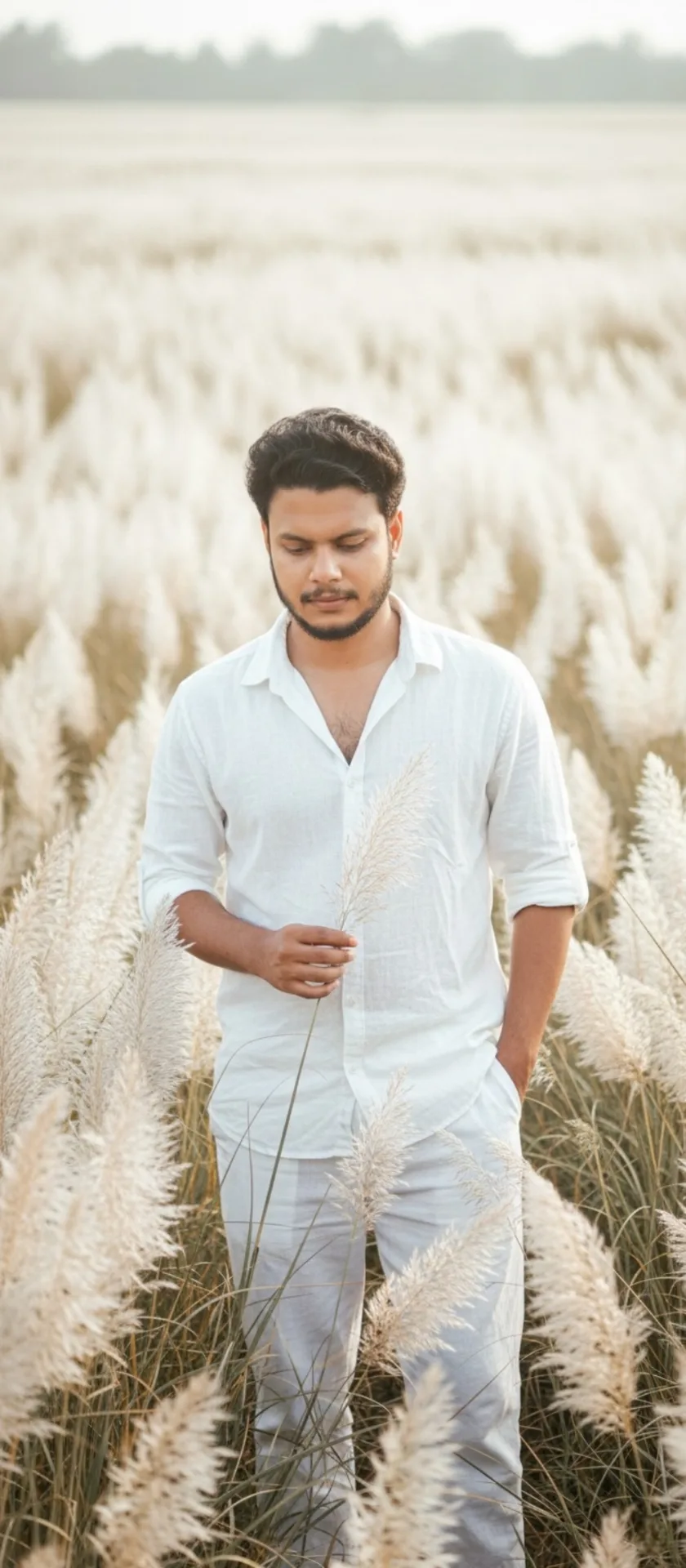 Prompt: A young South Asian man with short wavy black hair and a neatly trimmed beard stands in the middle of a vast field of tall fluffy