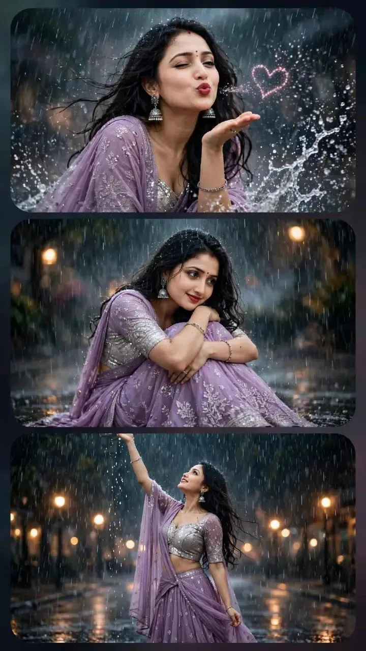 A high-quality, vertically-oriented triptych photo collage featuring a beautiful South Asian woman with long, wet, wavy dark hair, dressed