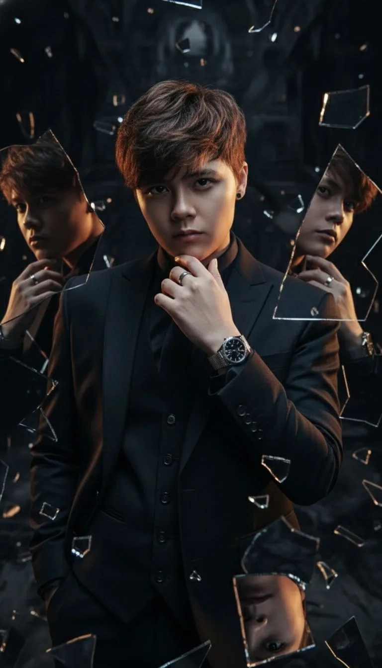 "A dramatic cinematic portrait of a young East Asian man with stylish brown hair, dressed in a sharp black three-piece suit, a black