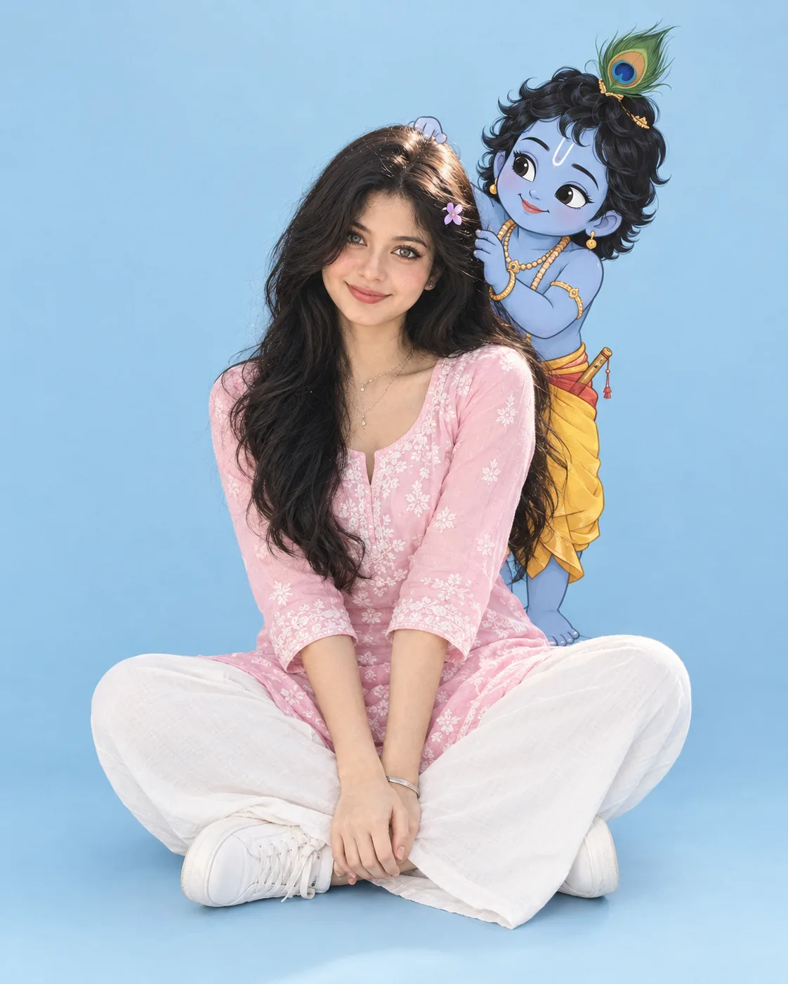 A full-length, front-facing studio portrait of a young South Asian woman sitting cross-legged on a clean, solid light blue backdrop.