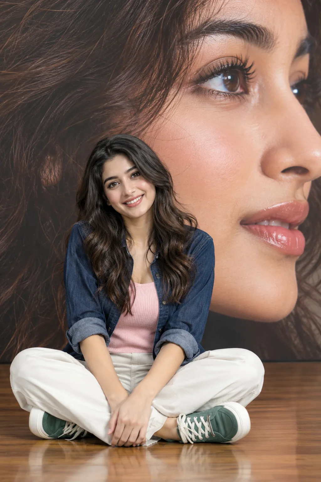 Copy and paste Prompt⤵️ A realistic photo-art concept of a beautiful young South Asian woman sitting casually cross-legged on a polished