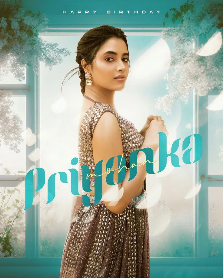 A photorealistic vertical aesthetic poster of the young South Asian woman named Priyanka from the reference image, faithfully preserving