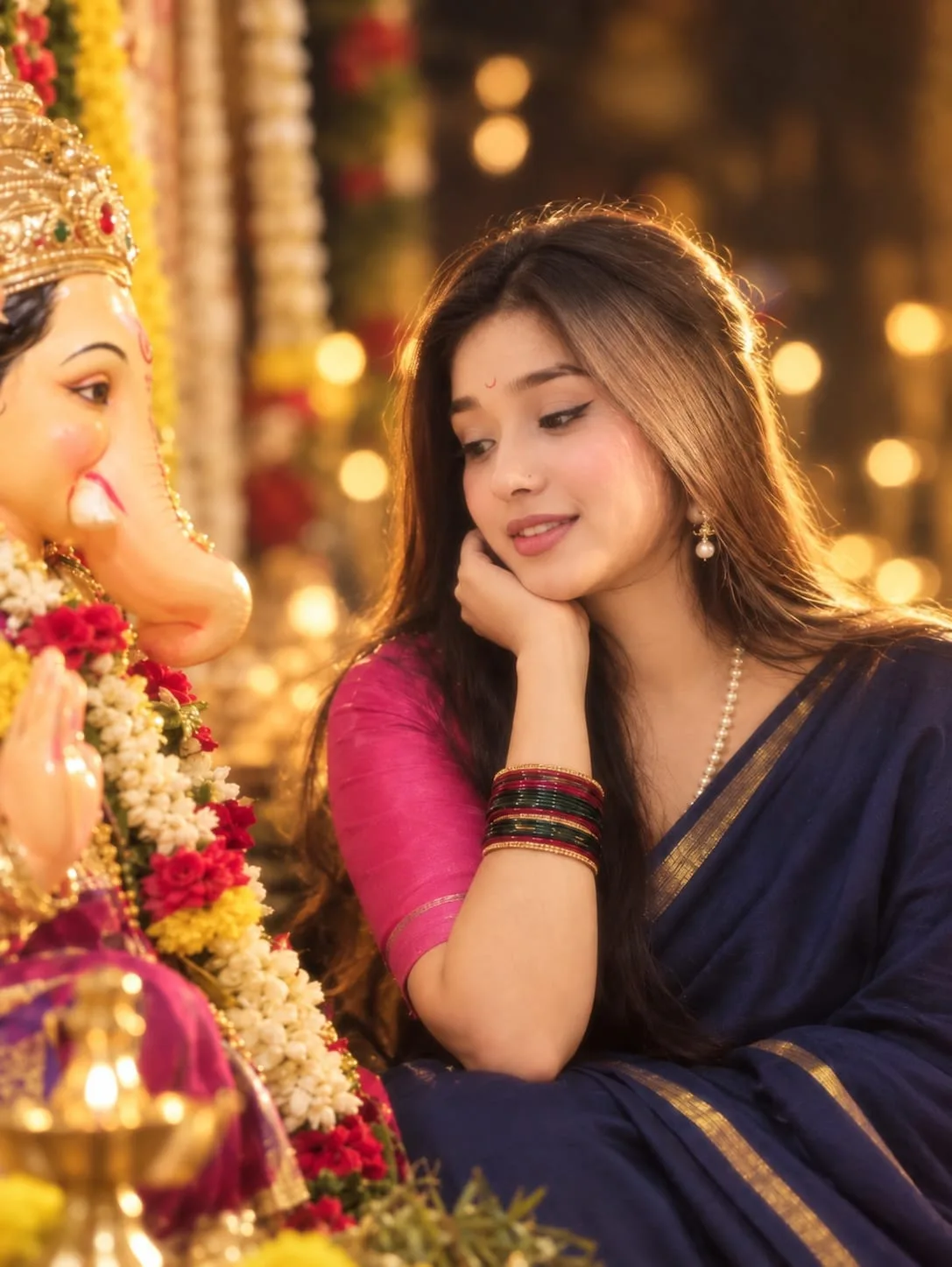 Create an ultra-realistic, high-detail vertical 4:5 portrait of a young South Asian woman sitting gracefully beside a beautifully decorated