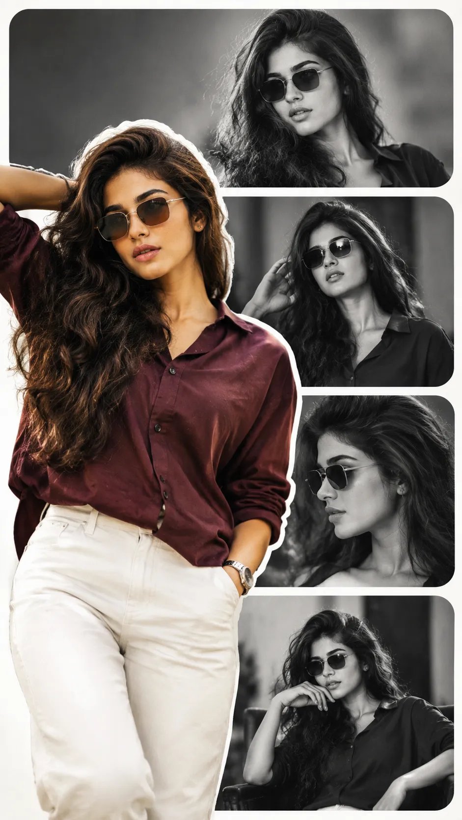 Create a 9:16 premium fashion collage using the uploaded image as the exact face reference.