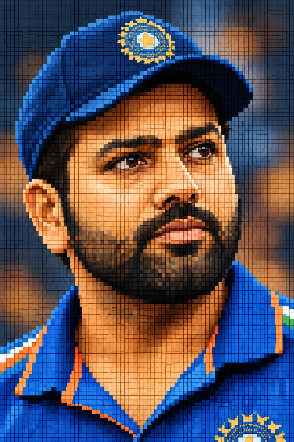 Create a premium pixel-art portrait using the uploaded image as the exact subject reference.