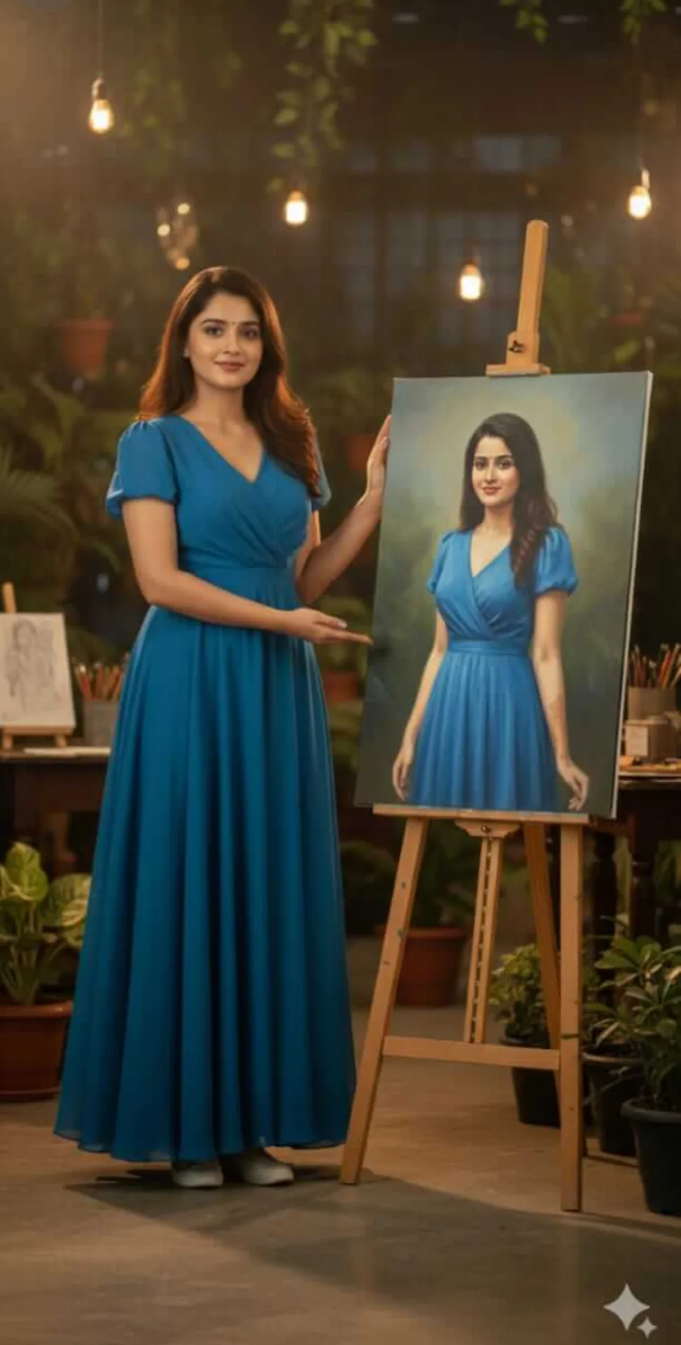 A hyper-realistic, cinematic 8K portrait of the same young woman blue frok dress standing gracefully beside an easel with a large canvas.
