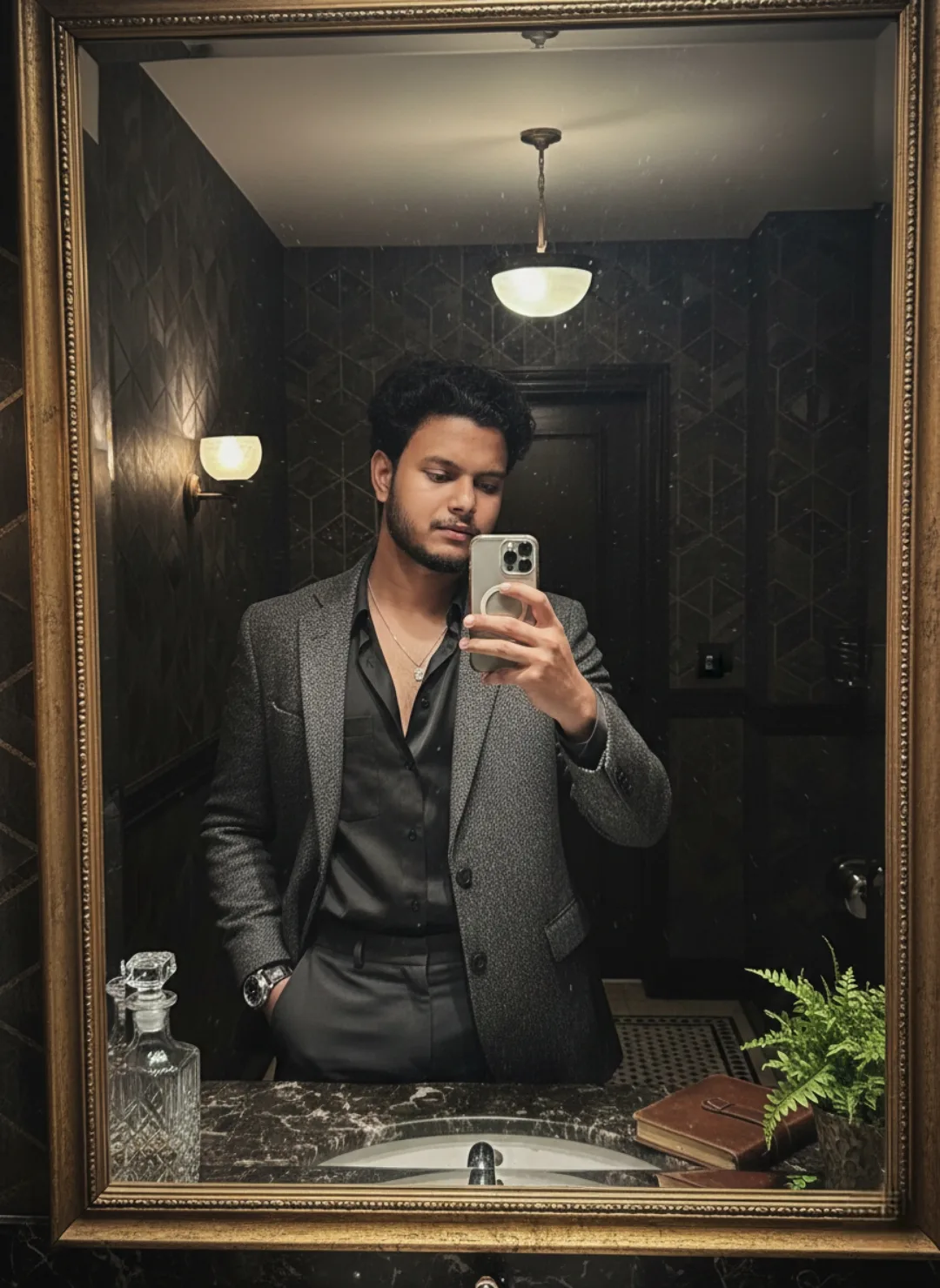 A professional medium shot mirror selfie of a 26-year-old South Asian man with short dark wavy hair and a well-groomed beard, standing in