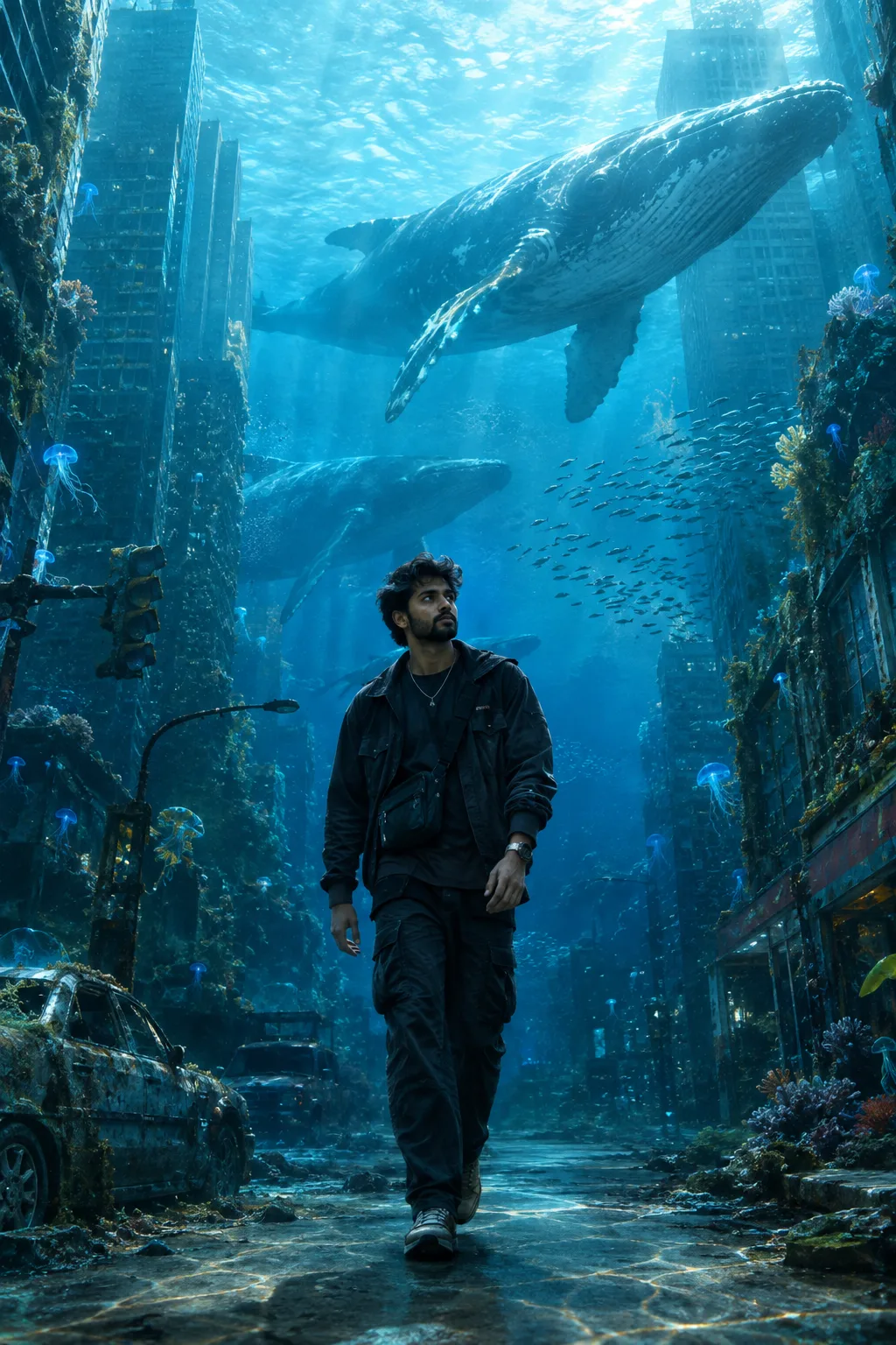 Create an ultra-realistic cinematic photograph of a young handsome man calmly walking through a completely submerged modern city street
