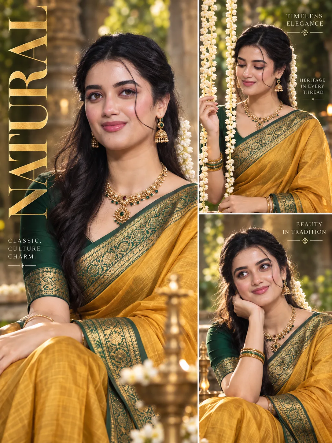 Create an ultra-premium South Indian ethnic fashion co lage poster in a strict 3:4 aspect ratio featuring the same elegant young South
