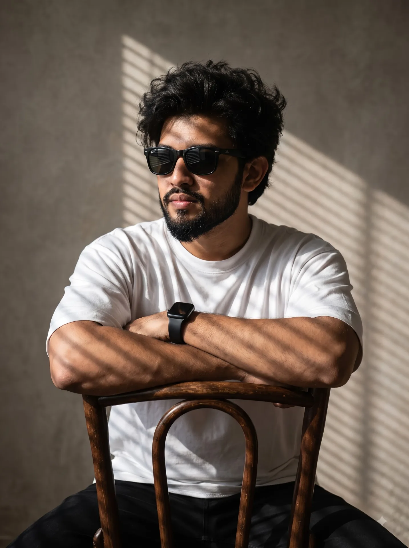 Use the reference image and create A high-resolution, cinematic portrait of a young man with messy, voluminous dark hair and a well-groomed