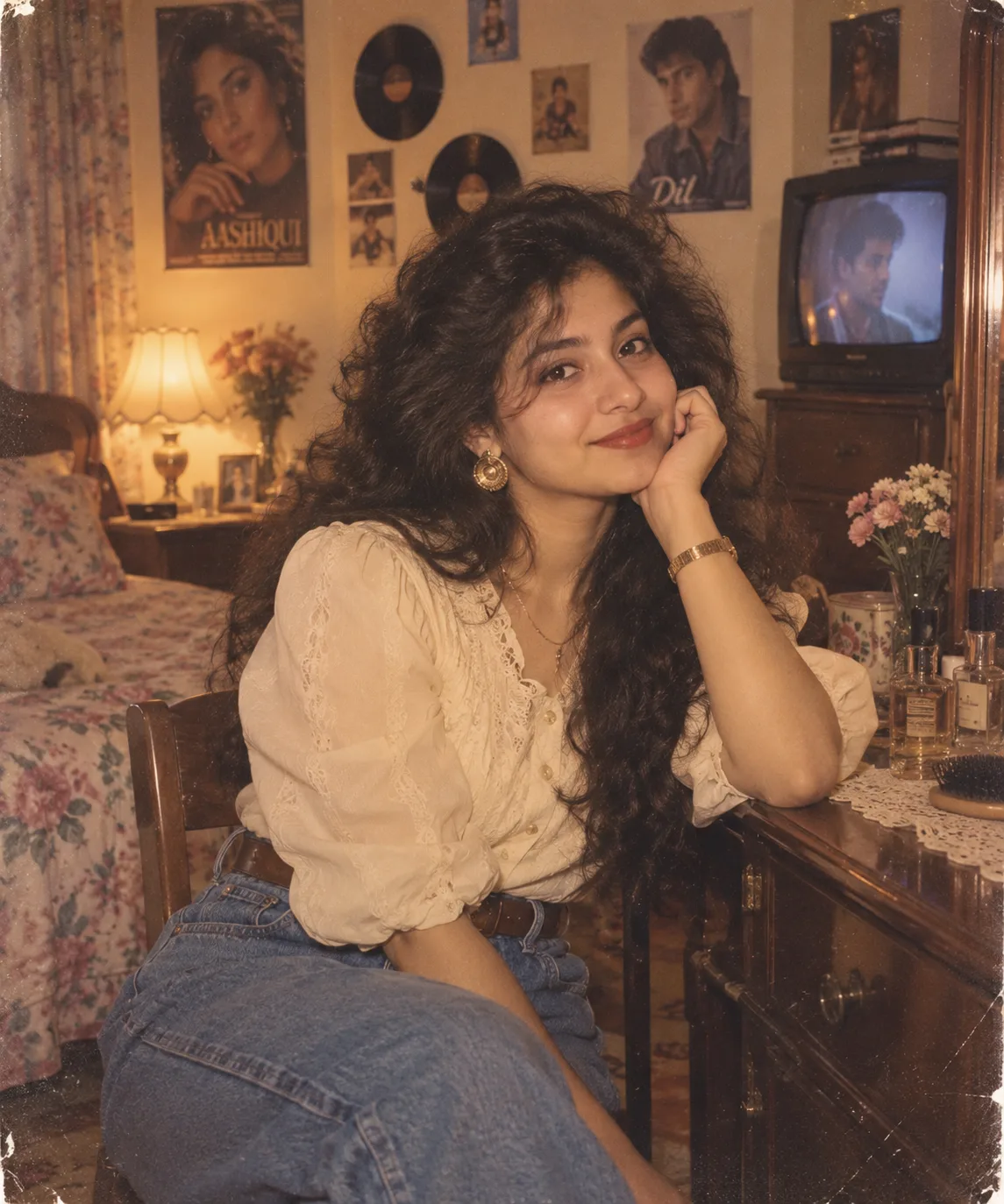 Transform this image into an ultra-realistic, cinematic 1980s-inspired portrait while preserving the woman's facial features, natural